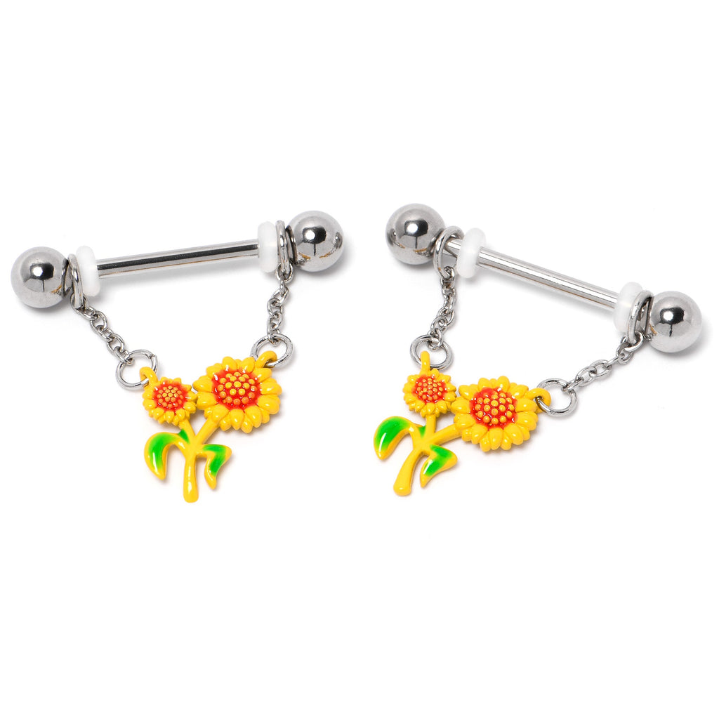 BodyCandy 14G 9/16 Happy Sunflower Duo Chain Dangle Nipple Ring Set — lifestyle context