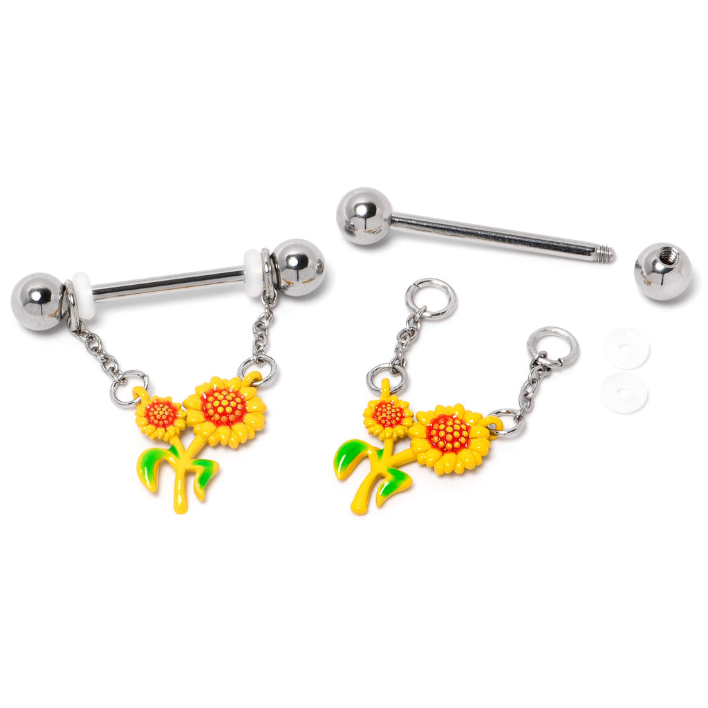 BodyCandy 14G 9/16 Happy Sunflower Duo Chain Dangle Nipple Ring Set — side view