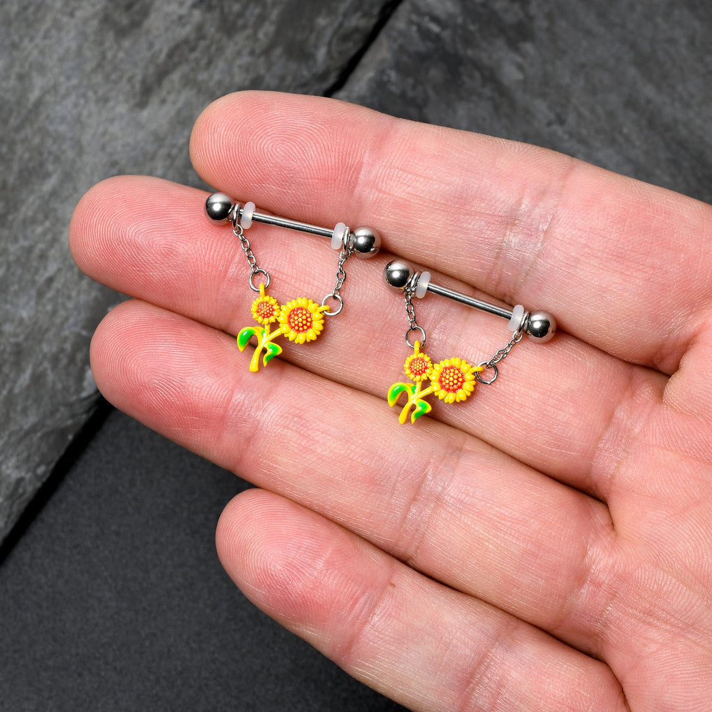 BodyCandy 14G 9/16 Happy Sunflower Duo Chain Dangle Nipple Ring Set — back view