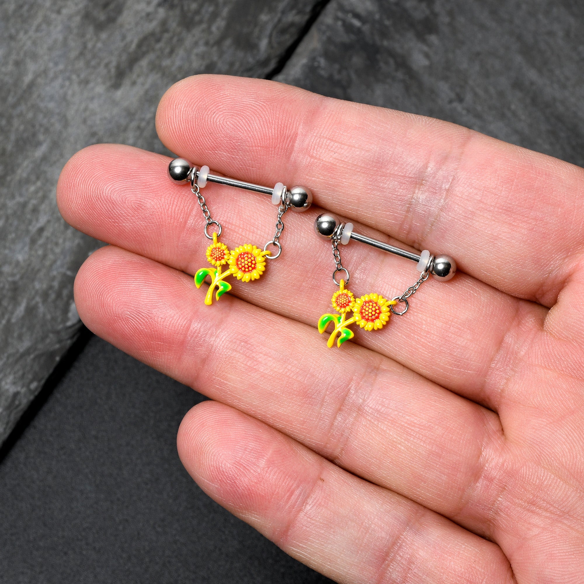 BodyCandy 14G 9/16 Happy Sunflower Duo Chain Dangle Nipple Ring Set — back view