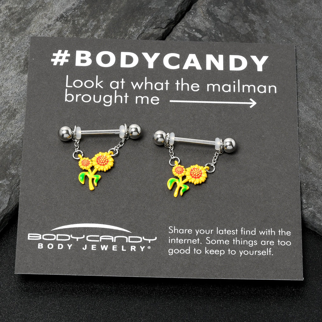 BodyCandy 14G 9/16 Happy Sunflower Duo Chain Dangle Nipple Ring Set — alternative angle