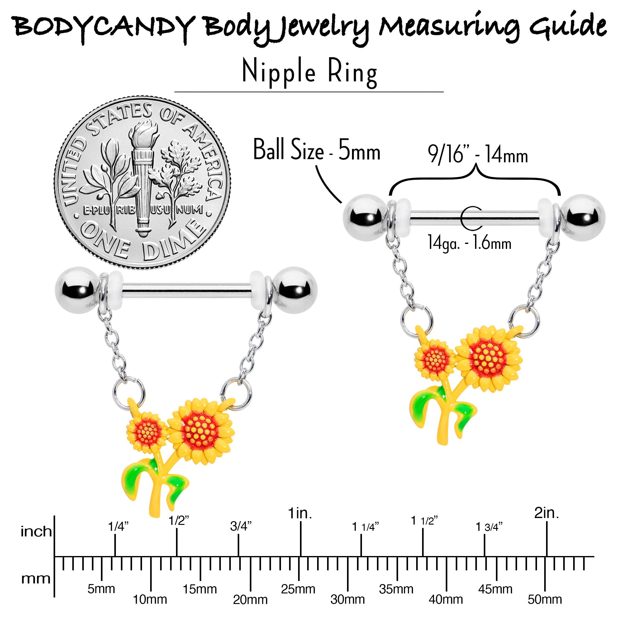 BodyCandy 14G 9/16 Happy Sunflower Duo Chain Dangle Nipple Ring Set — in-use photo