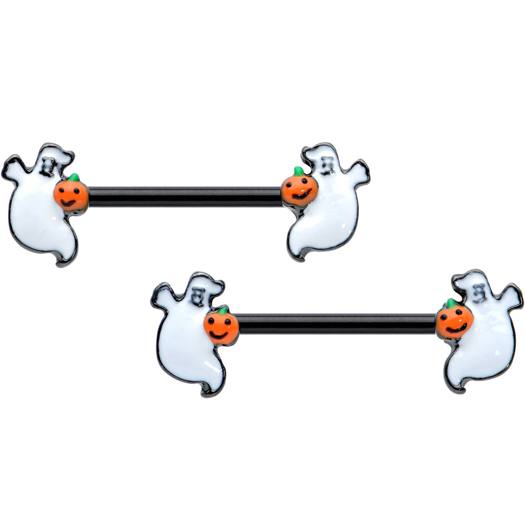 BodyCandy 14G 9/16 Black Halloween Pumpkin Ghost Barbell Nipple Ring Set — main product shot