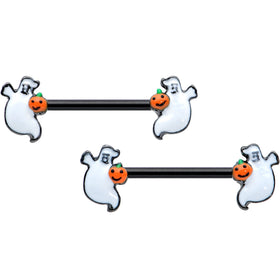 14G 9/16 Black Halloween Pumpkin Ghost Barbell Nipple Ring Set