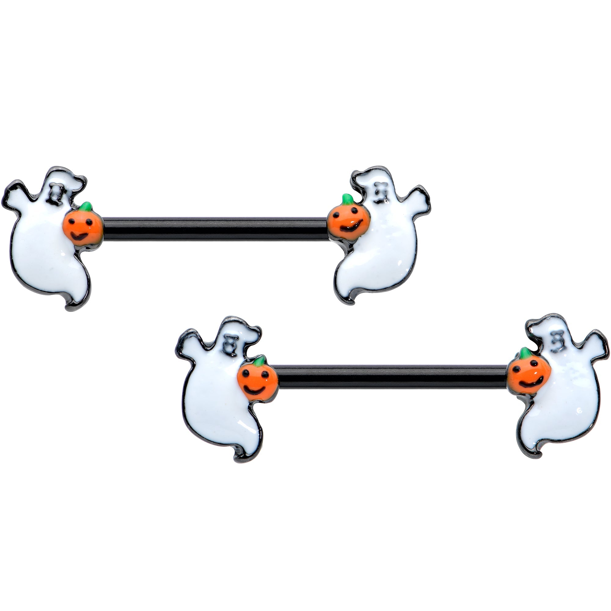 BodyCandy 14G 9/16 Black Halloween Pumpkin Ghost Barbell Nipple Ring Set — main product shot