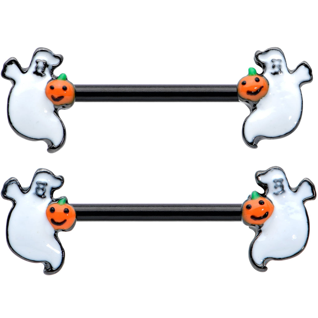 BodyCandy 14G 9/16 Black Halloween Pumpkin Ghost Barbell Nipple Ring Set — detail close-up