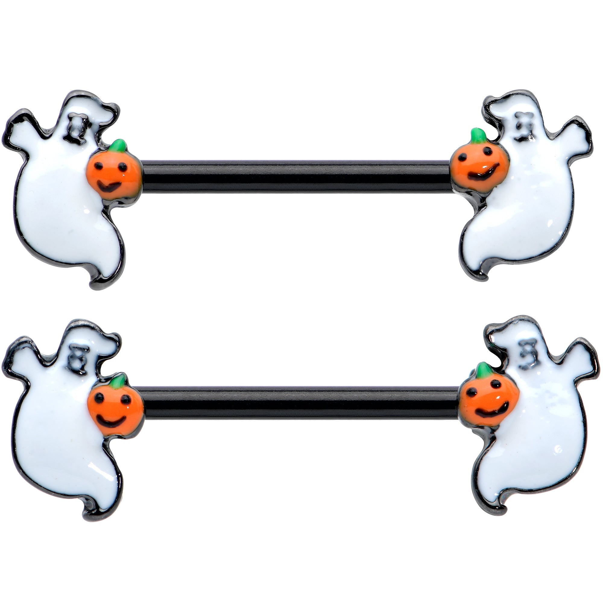 BodyCandy 14G 9/16 Black Halloween Pumpkin Ghost Barbell Nipple Ring Set — detail close-up