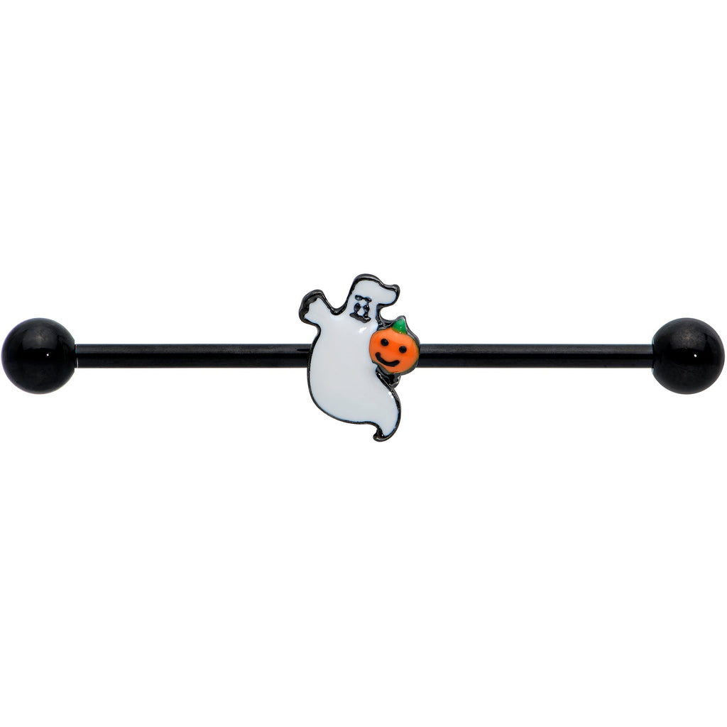 BodyCandy 14G Black Halloween Pumpkin Ghost Industrial Barbell 38mm — detail close-up