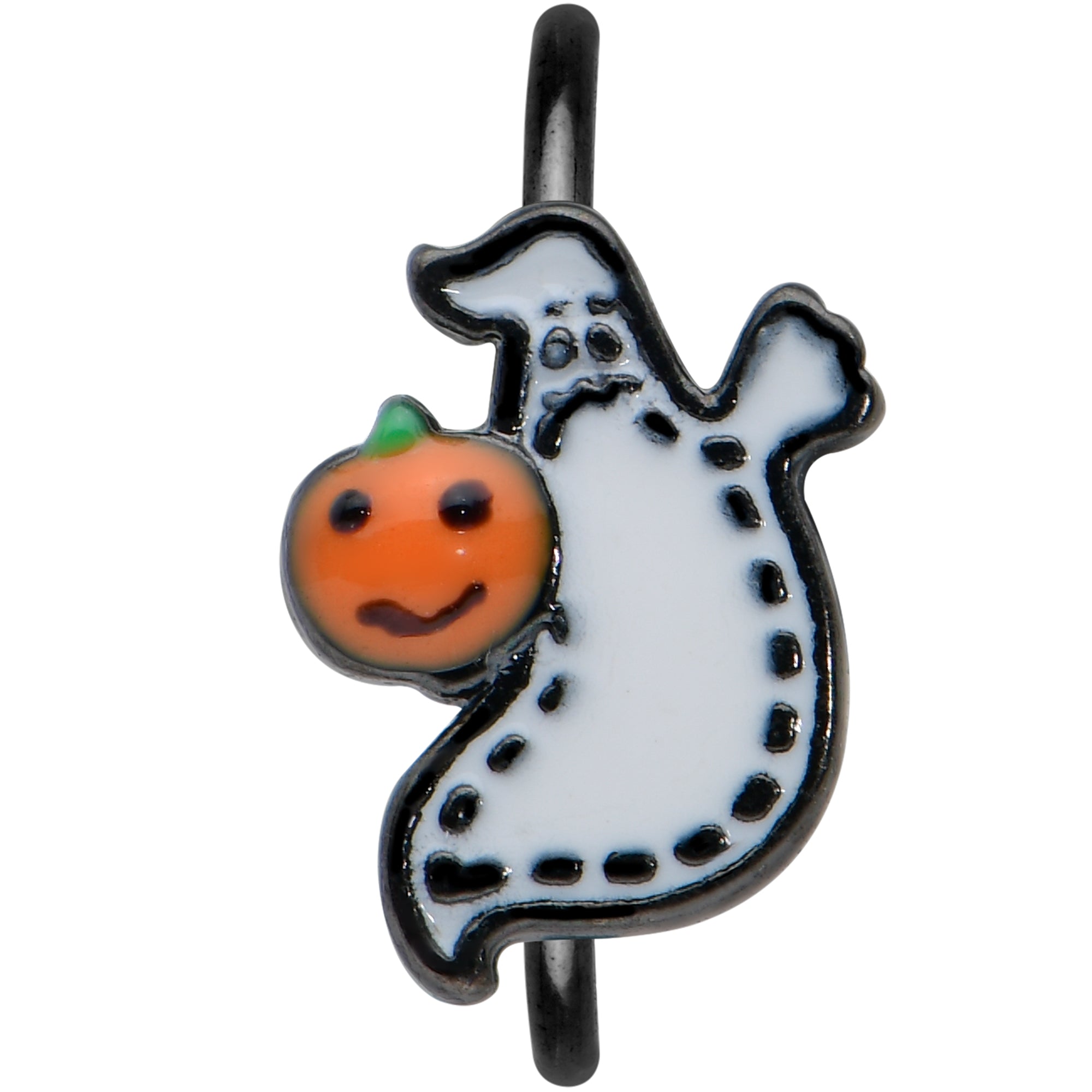 BodyCandy 20G 5/16 Black Halloween Pumpkin Ghost Nose Hoop — detail close-up
