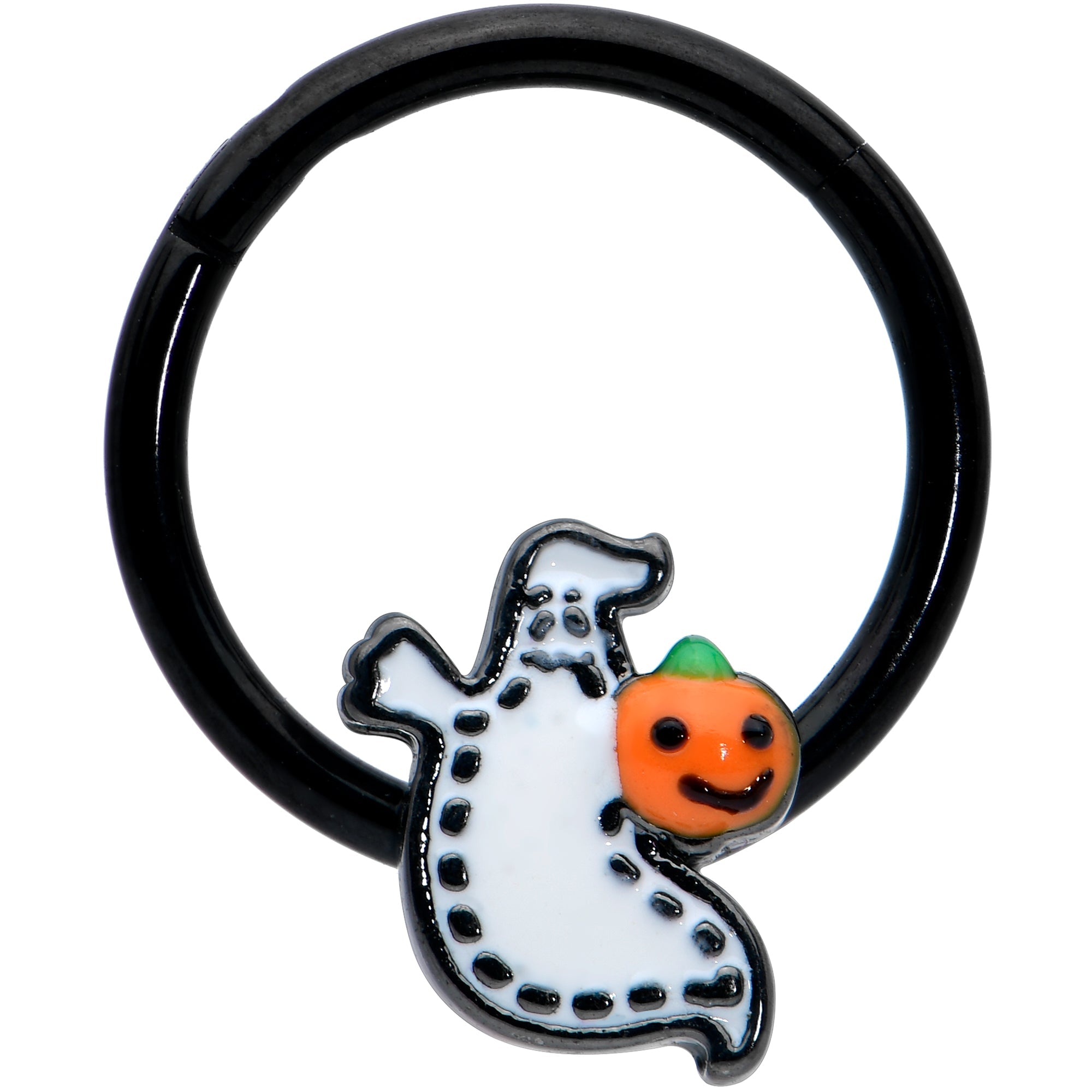 BodyCandy 16G 3/8 Black Halloween Pumpkin Ghost Hinged Segment Ring — main product shot