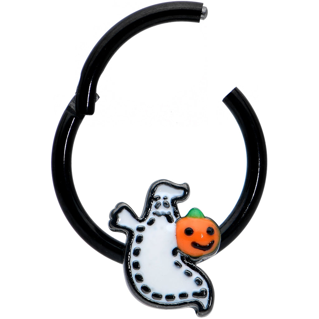 BodyCandy 16G 3/8 Black Halloween Pumpkin Ghost Hinged Segment Ring — detail close-up