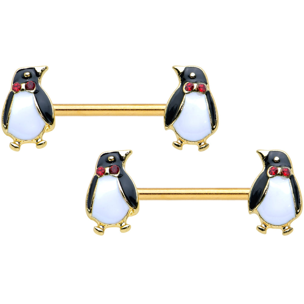 BodyCandy 14G 9/16 Red Gem Gold Hue Bow Tie Penguin Barbell Nipple Ring Set — main product shot