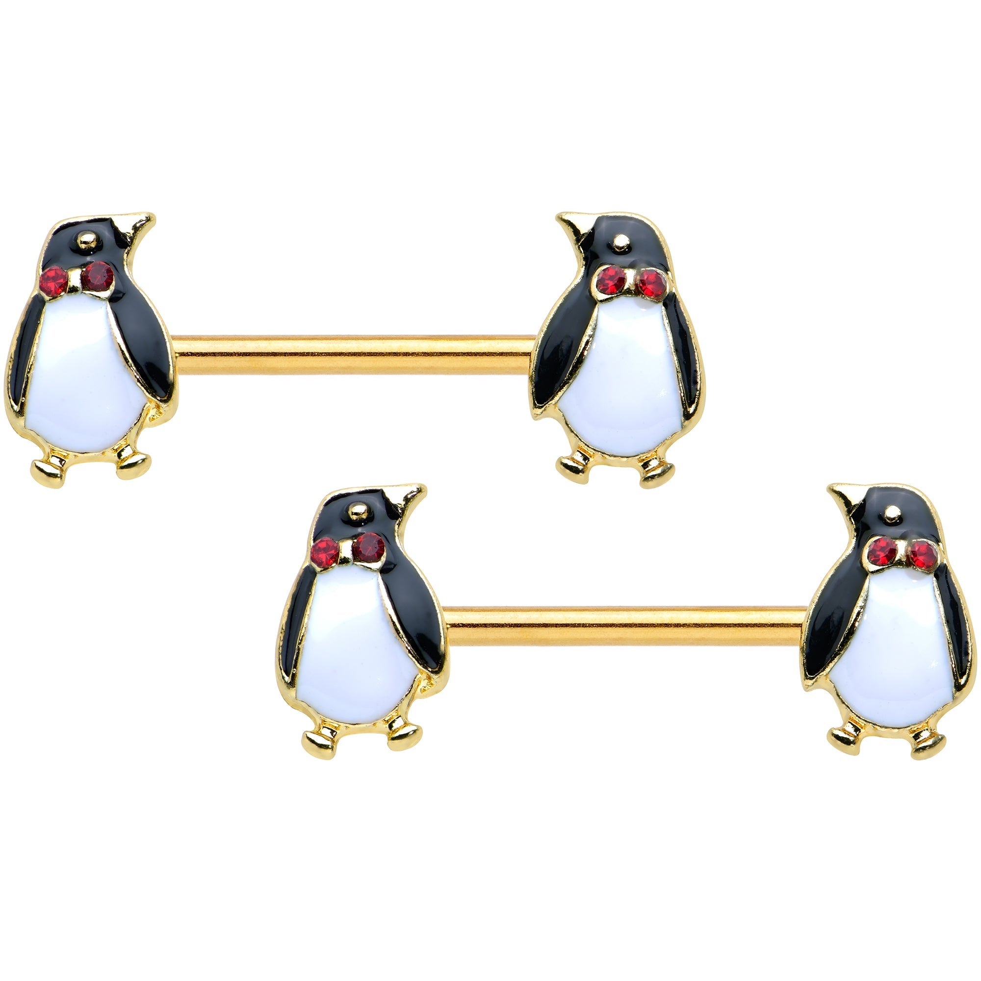 BodyCandy 14G 9/16 Red Gem Gold Hue Bow Tie Penguin Barbell Nipple Ring Set — main product shot