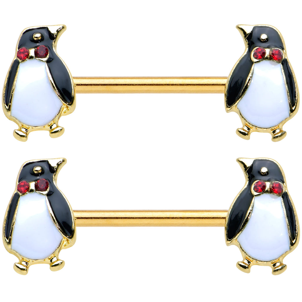 BodyCandy 14G 9/16 Red Gem Gold Hue Bow Tie Penguin Barbell Nipple Ring Set — detail close-up