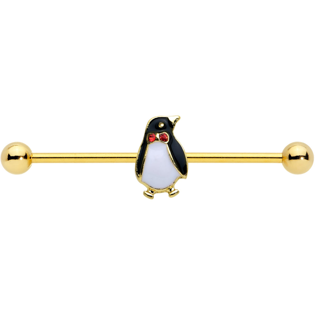BodyCandy 14G Red Gem Gold Tone Bow Tie Penguin Industrial Barbell 38mm — detail close-up