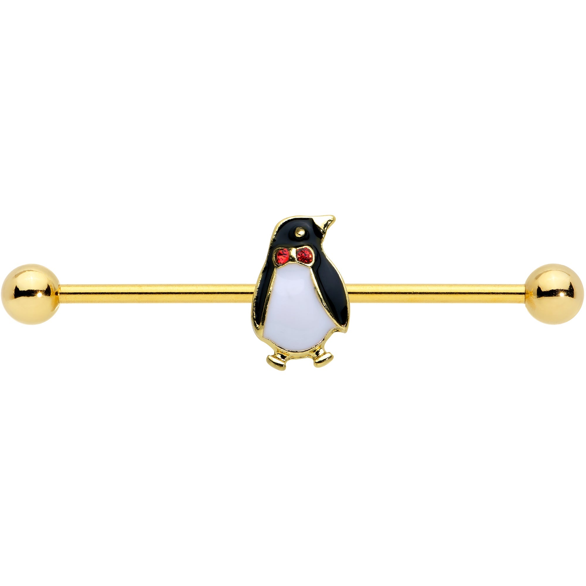 BodyCandy 14G Red Gem Gold Tone Bow Tie Penguin Industrial Barbell 38mm — detail close-up