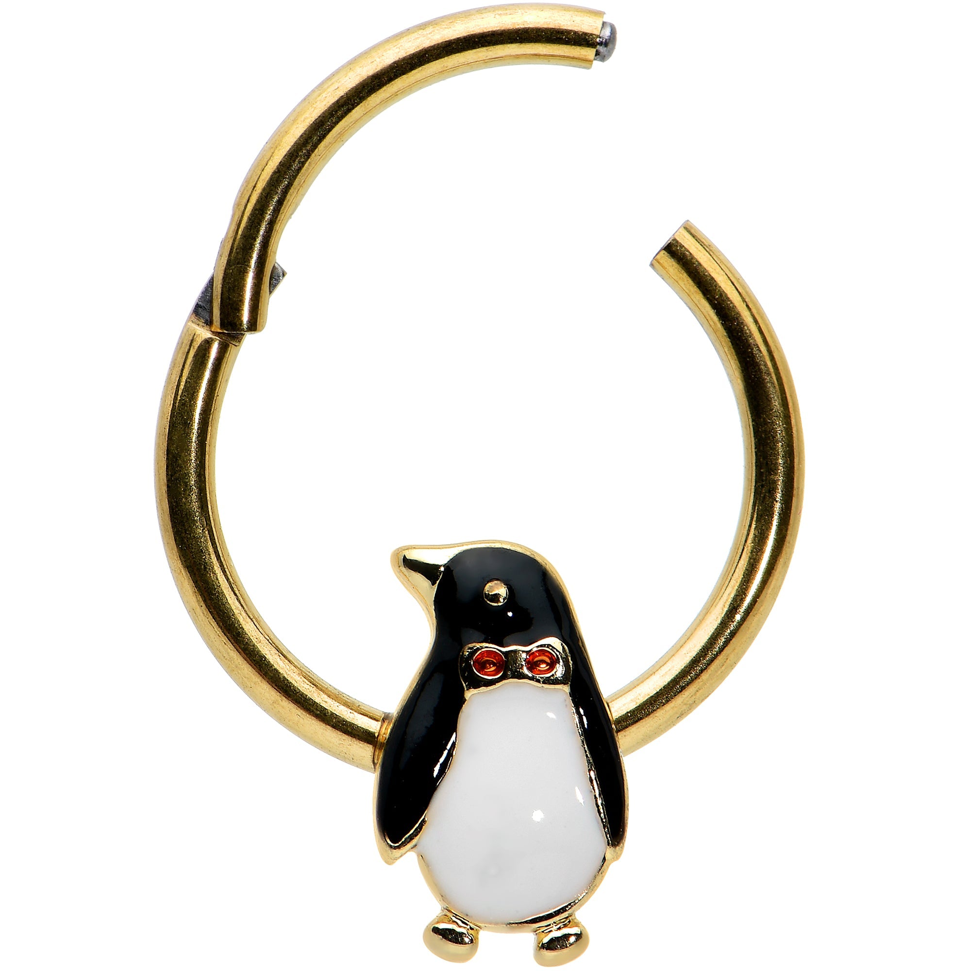 BodyCandy 16G 3/8 Red Gem Gold Tone Bow Tie Penguin Hinged Segment Ring — detail close-up