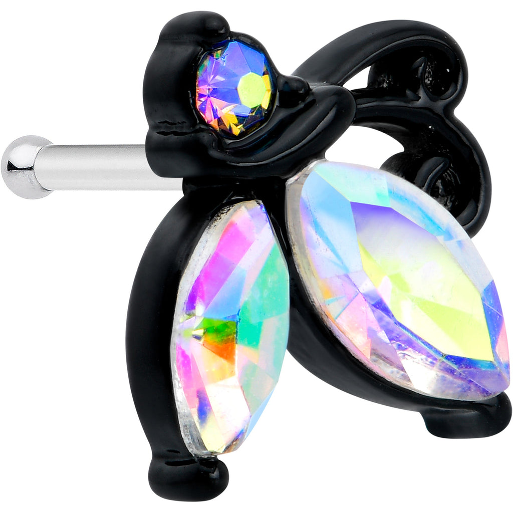 BodyCandy 20G 1/4 Aurora CZ Gem Fleur de Lis Butterfly Black Nose Bone — main product shot