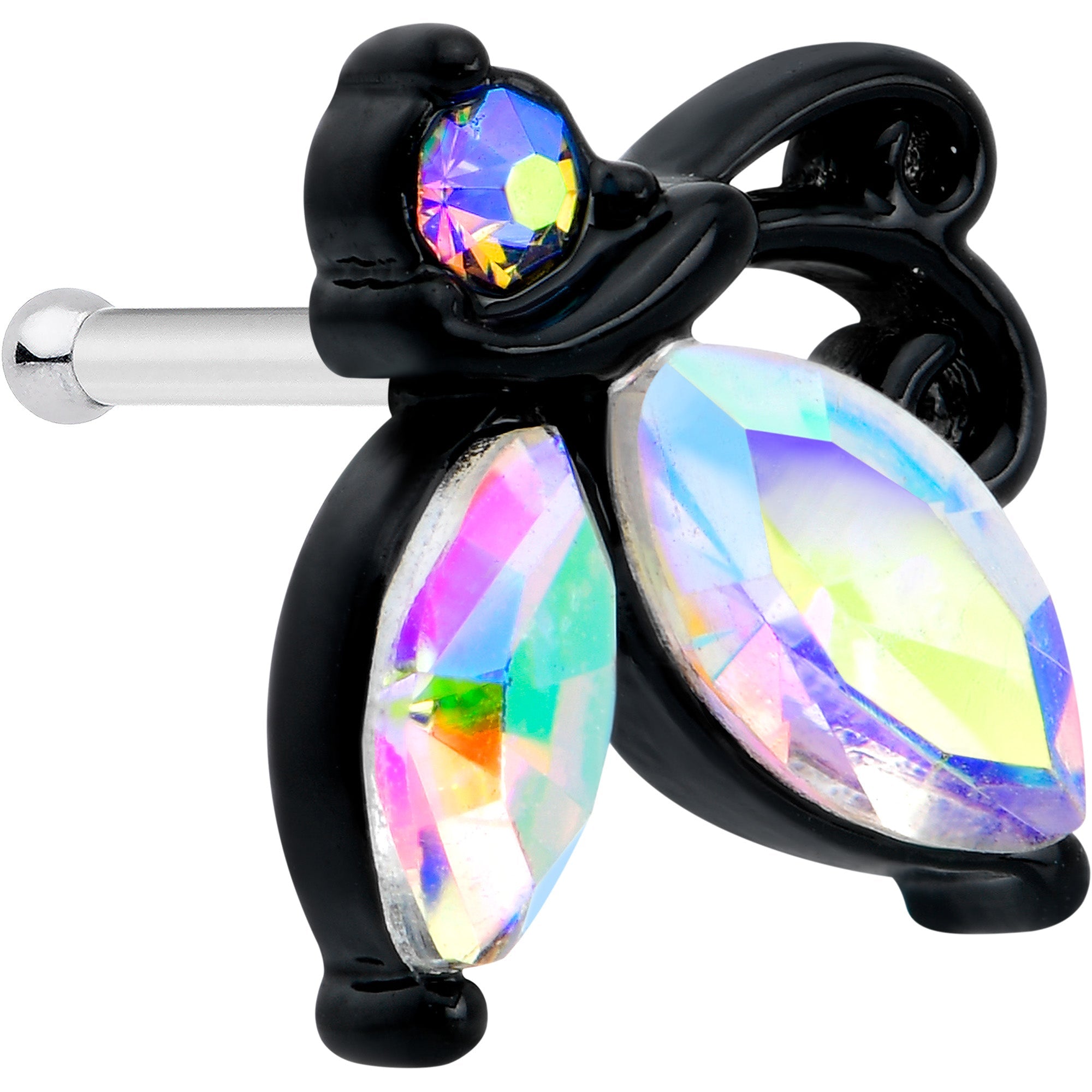 BodyCandy 20G 1/4 Aurora CZ Gem Fleur de Lis Butterfly Black Nose Bone — main product shot
