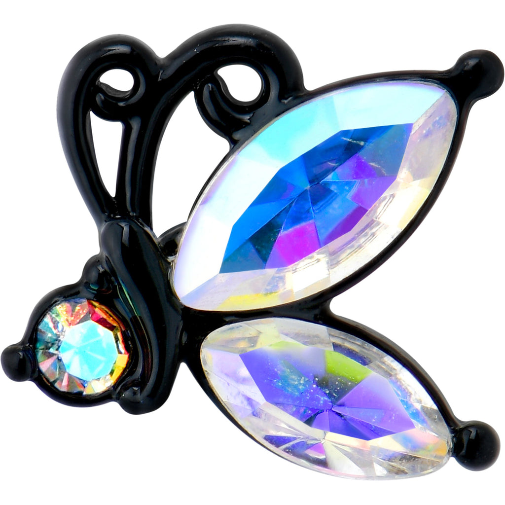 BodyCandy 20G 1/4 Aurora CZ Gem Fleur de Lis Butterfly Black Nose Bone — detail close-up