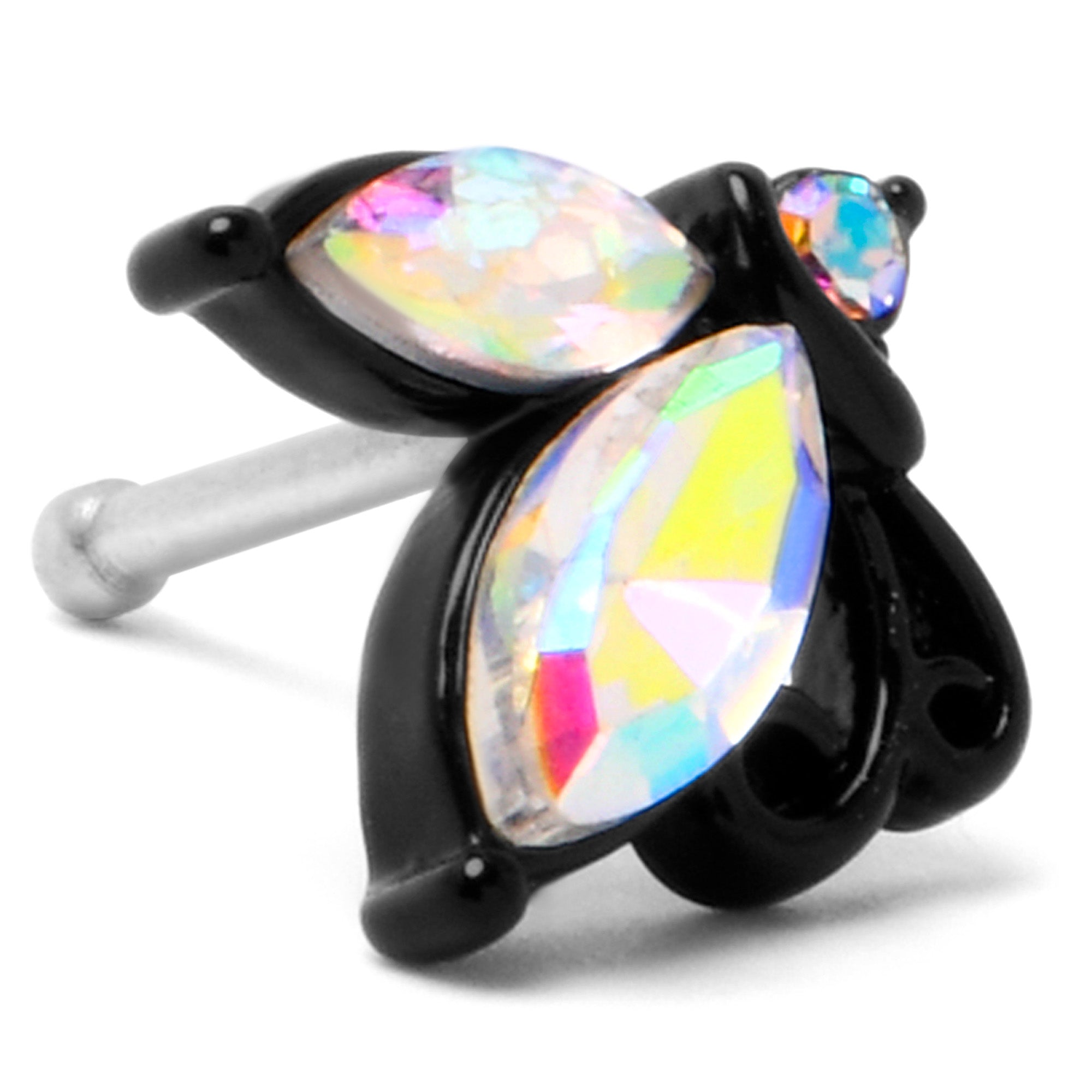 BodyCandy 20G 1/4 Aurora CZ Gem Fleur de Lis Butterfly Black Nose Bone — back view