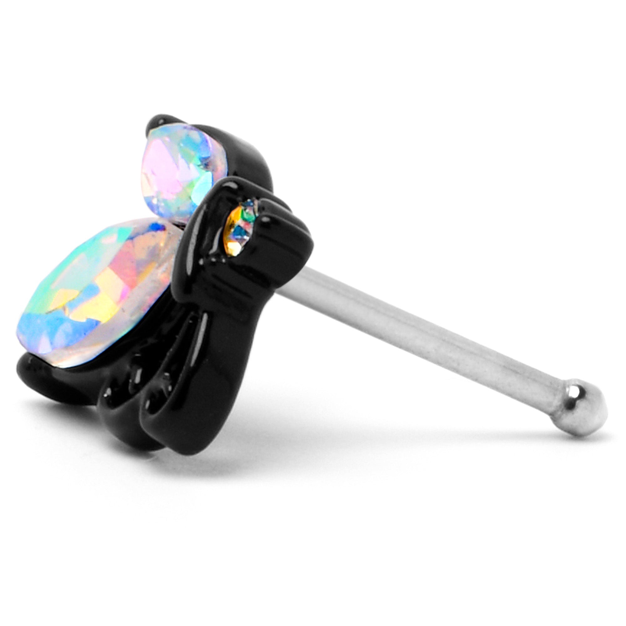 BodyCandy 20G 1/4 Aurora CZ Gem Fleur de Lis Butterfly Black Nose Bone — alternative angle