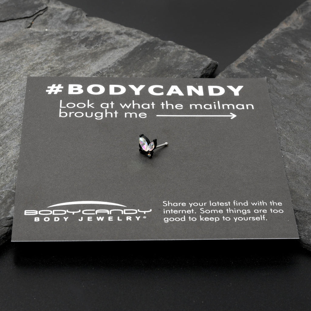 BodyCandy 20G 1/4 Aurora CZ Gem Fleur de Lis Butterfly Black Nose Bone — size reference