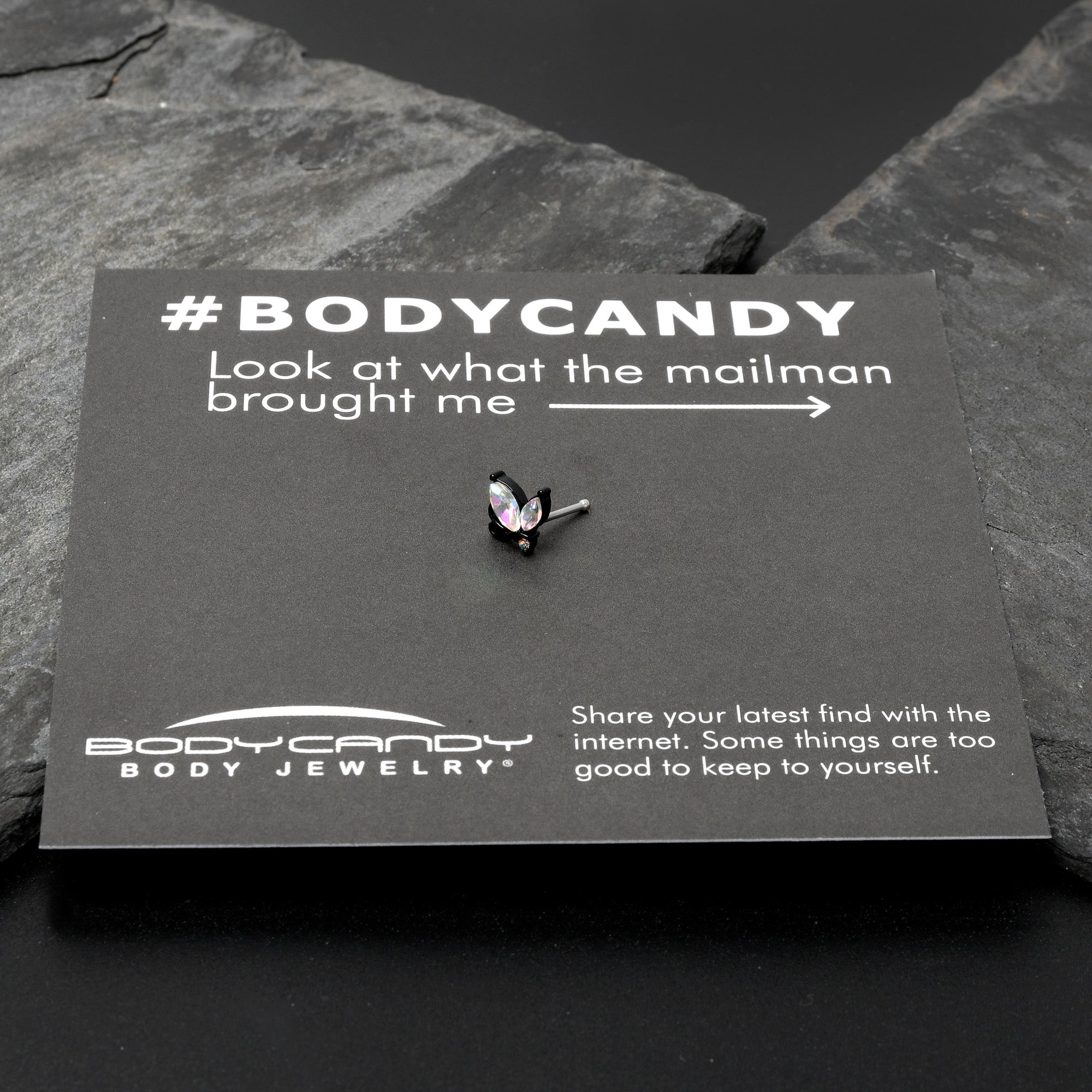BodyCandy 20G 1/4 Aurora CZ Gem Fleur de Lis Butterfly Black Nose Bone — size reference