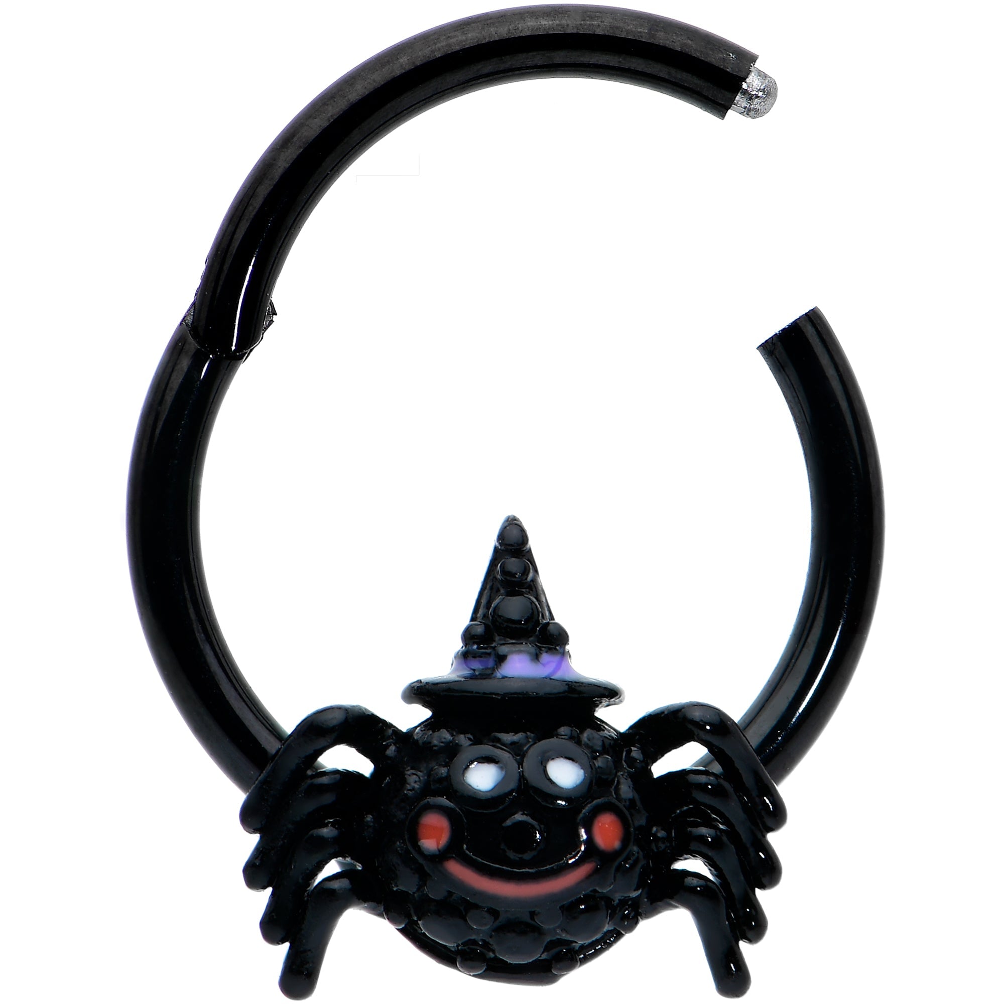 BodyCandy 16G 3/8 Black Halloween Smiling Spider Witch Hinged Segment Ring — detail close-up