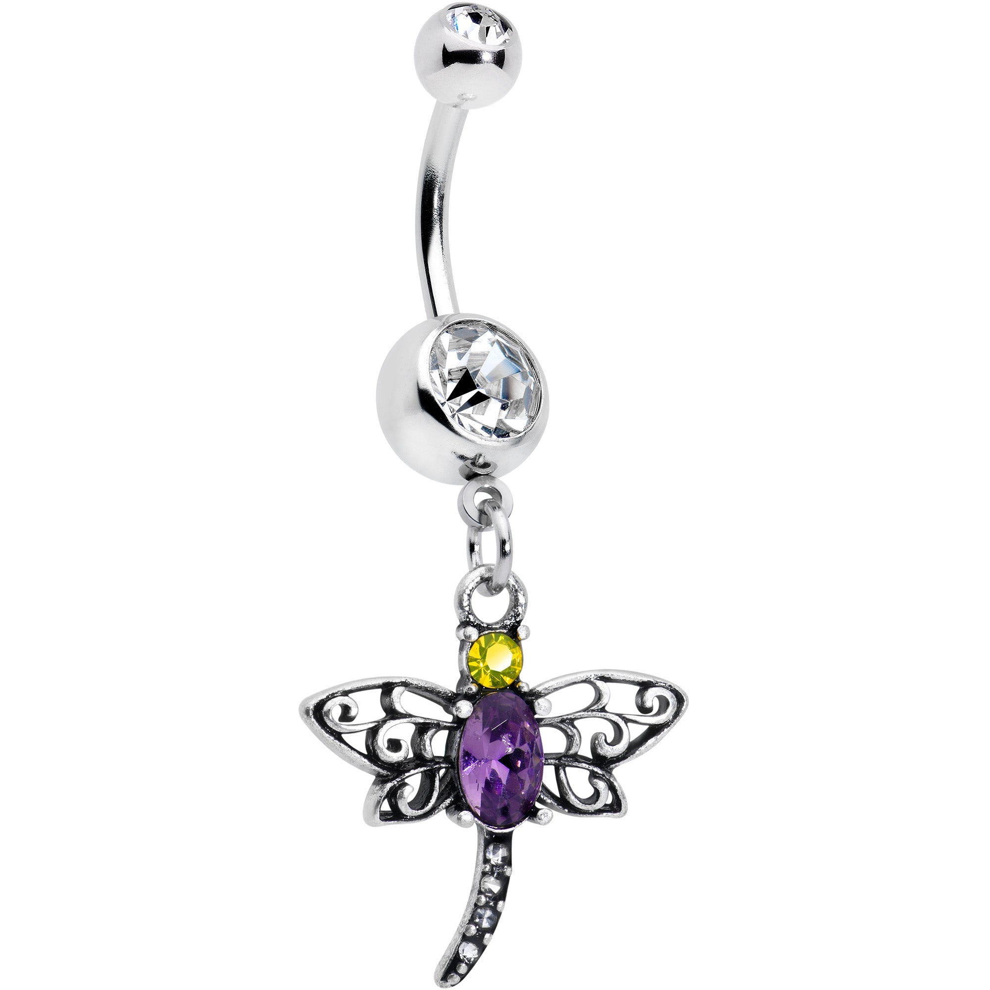 BodyCandy Clear Yellow Purple Gem Dragonfly Dangle Belly Ring — main product shot