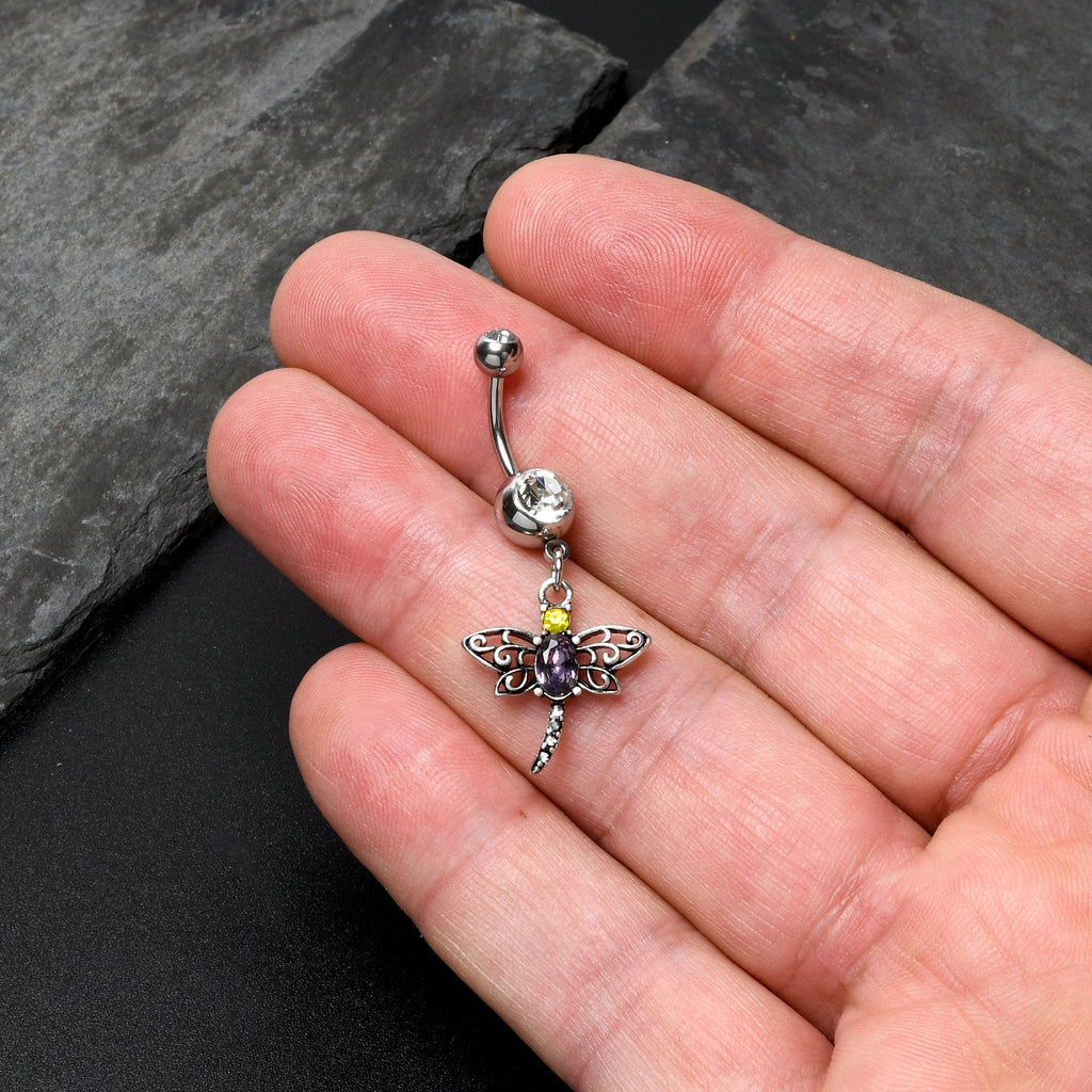 BodyCandy Clear Yellow Purple Gem Dragonfly Dangle Belly Ring — detail close-up