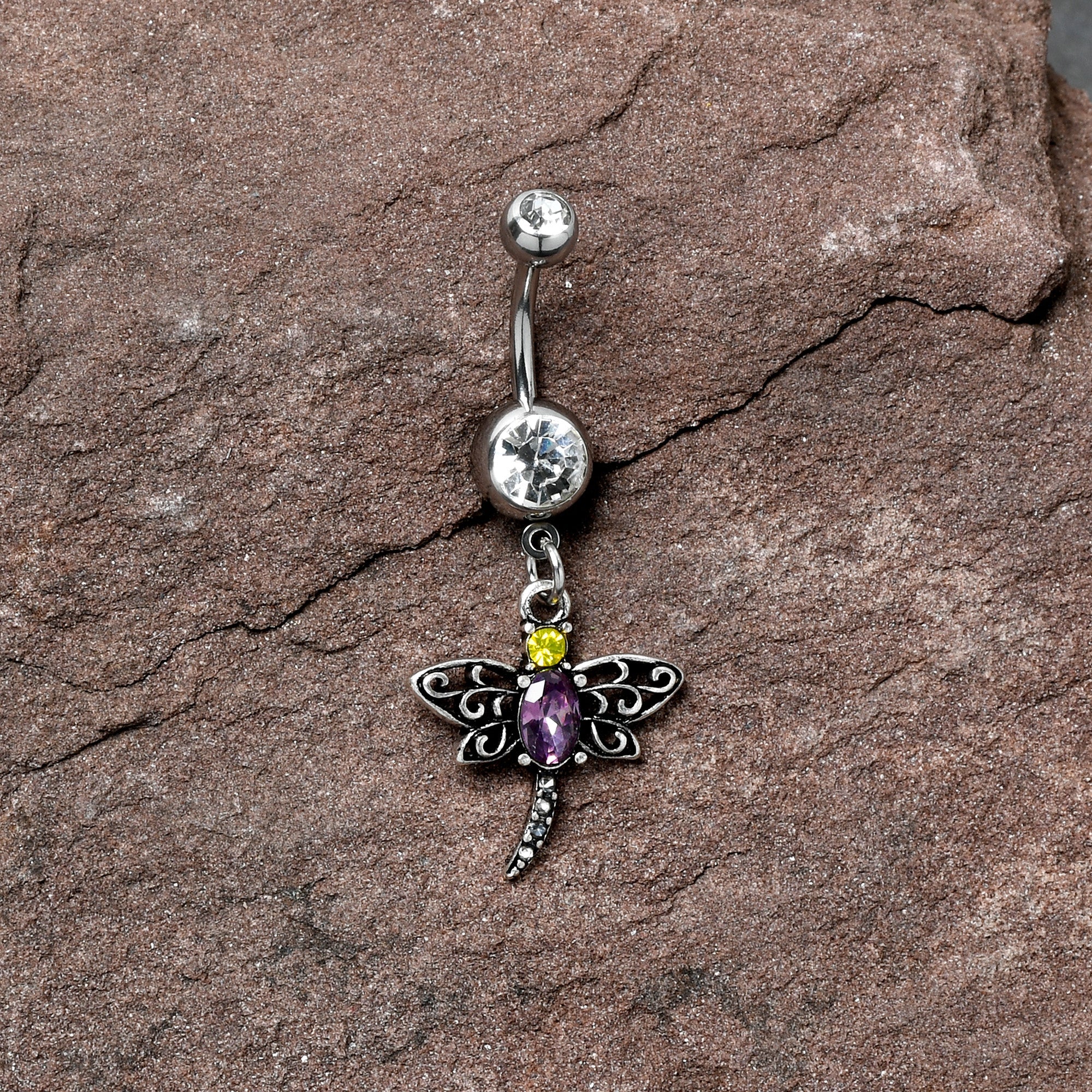 BodyCandy Clear Yellow Purple Gem Dragonfly Dangle Belly Ring — side view