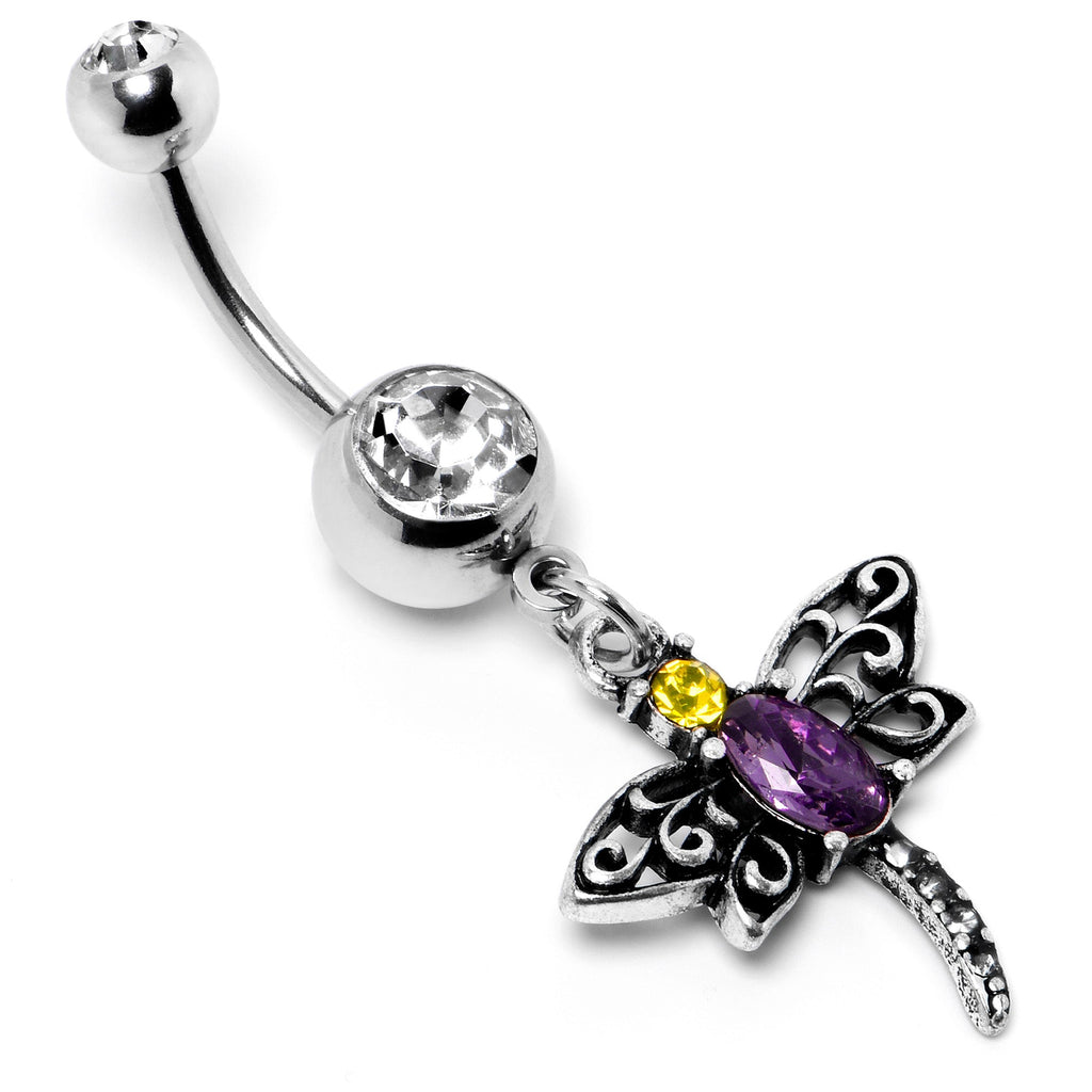 BodyCandy Clear Yellow Purple Gem Dragonfly Dangle Belly Ring — back view