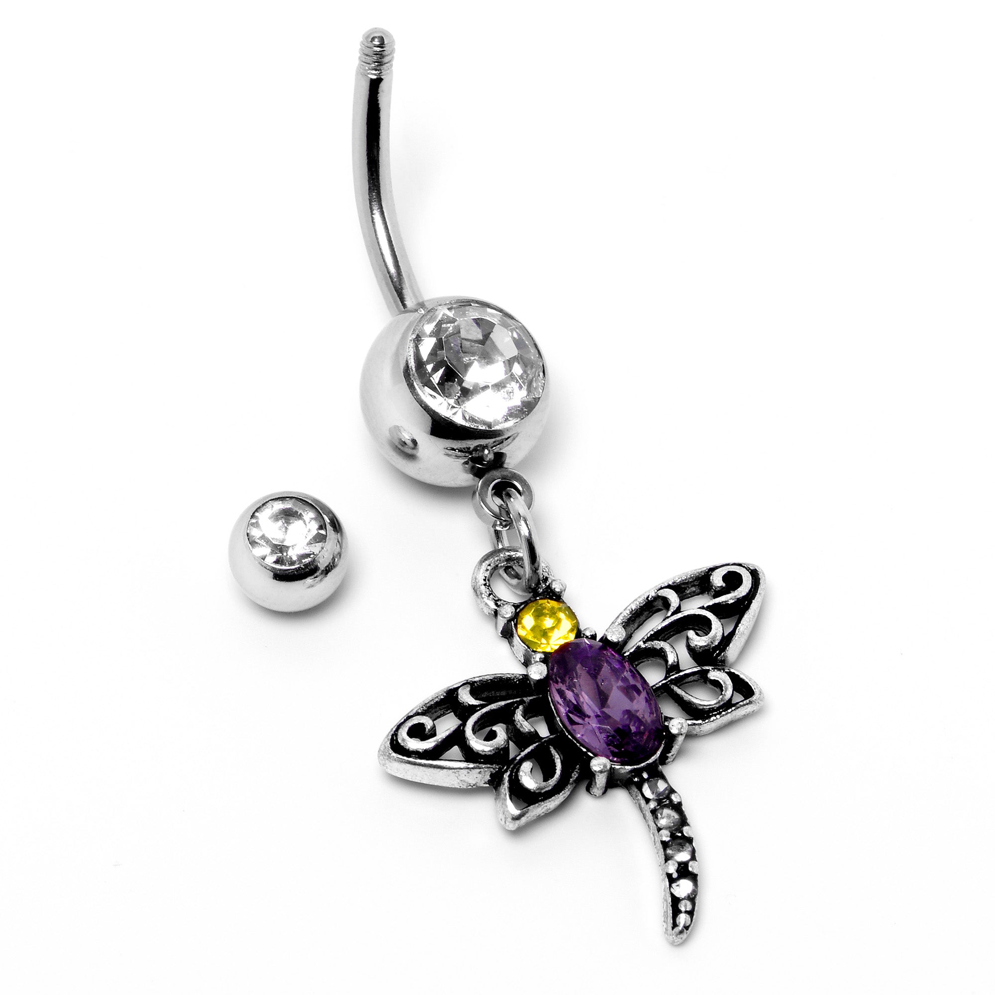BodyCandy Clear Yellow Purple Gem Dragonfly Dangle Belly Ring — alternative angle