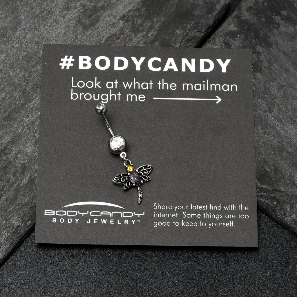 BodyCandy Clear Yellow Purple Gem Dragonfly Dangle Belly Ring — in-use photo