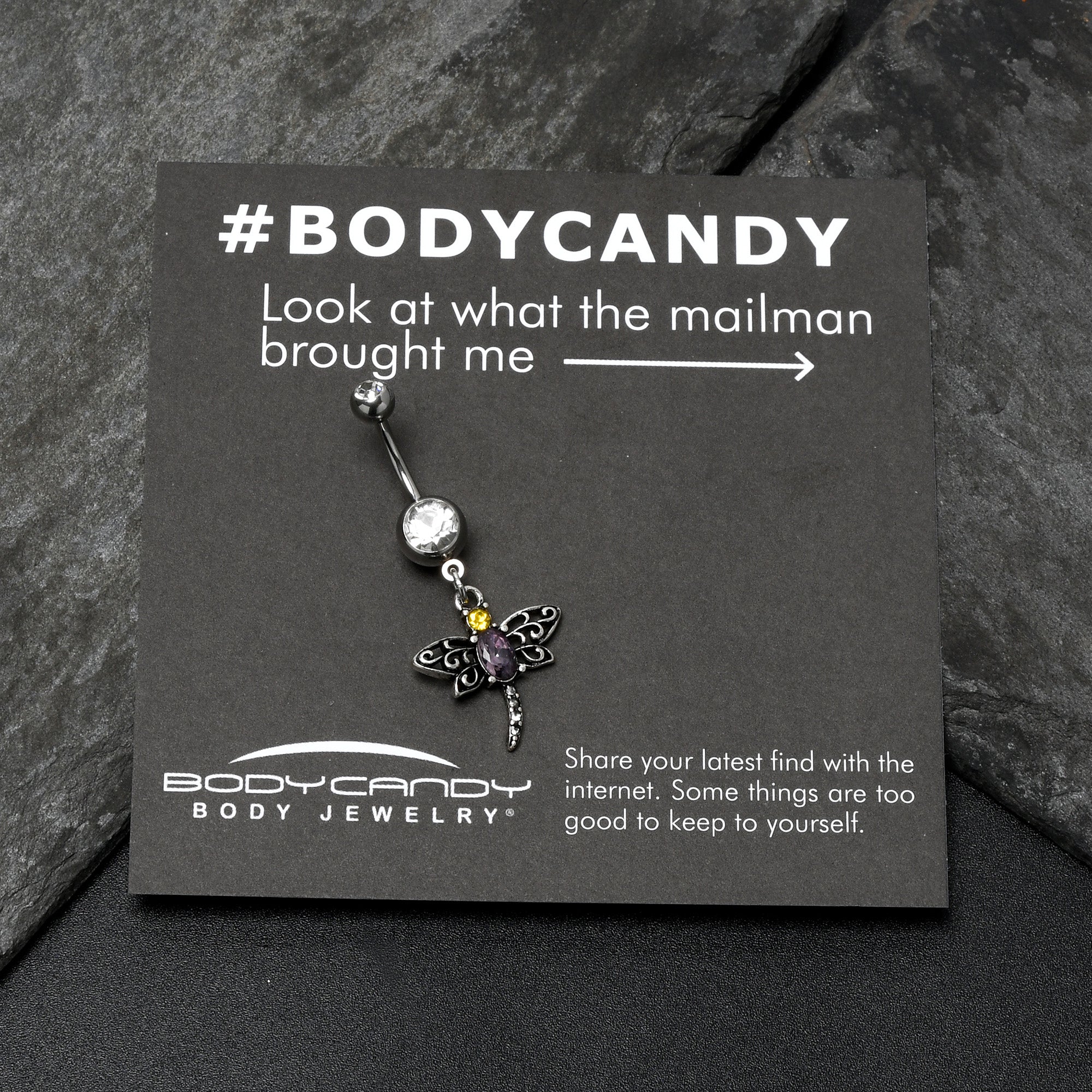 BodyCandy Clear Yellow Purple Gem Dragonfly Dangle Belly Ring — in-use photo