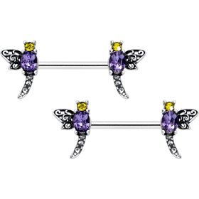 14G 9/16 Purple Yellow Gem Dragonfly Barbell Nipple Ring Set