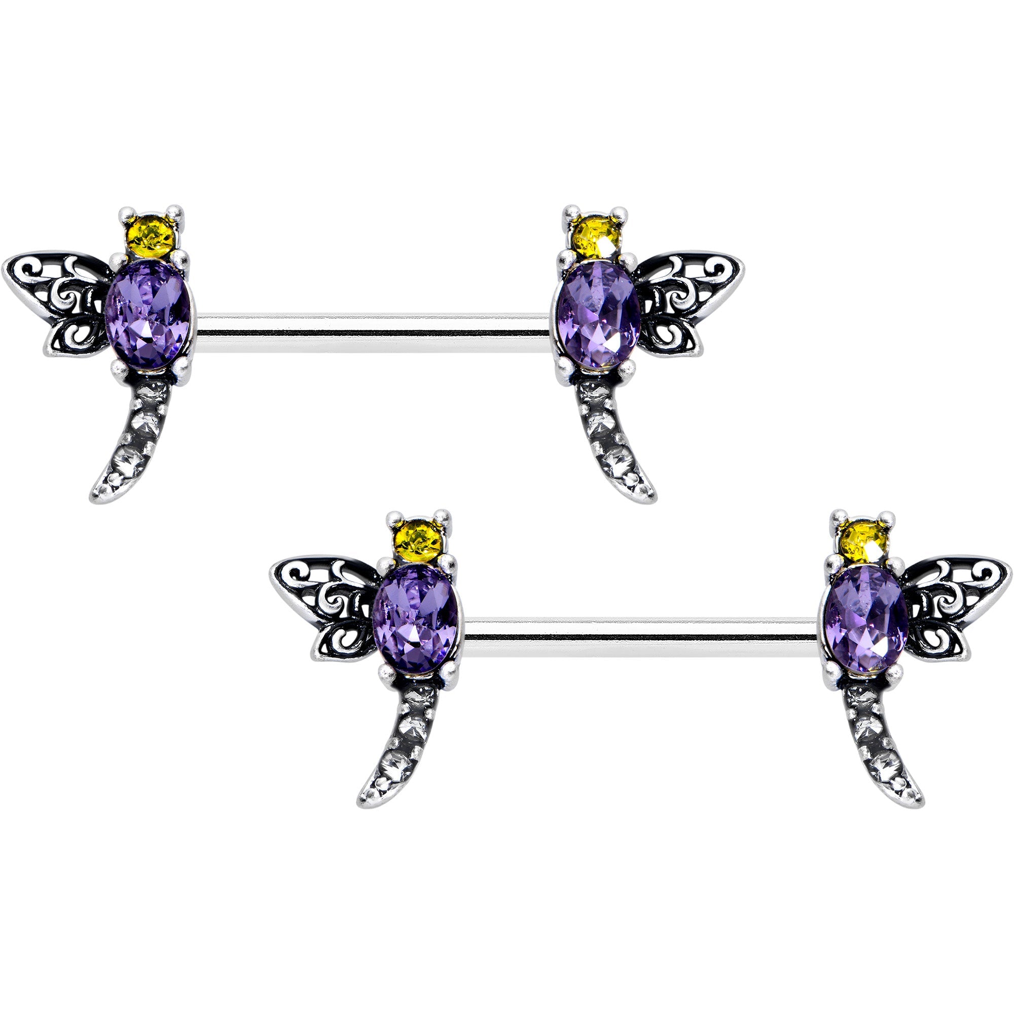 BodyCandy 14G 9/16 Purple Yellow Gem Dragonfly Barbell Nipple Ring Set — main product shot