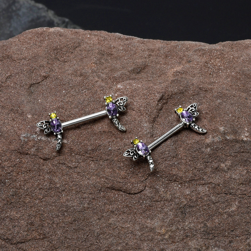 BodyCandy 14G 9/16 Purple Yellow Gem Dragonfly Barbell Nipple Ring Set — detail close-up