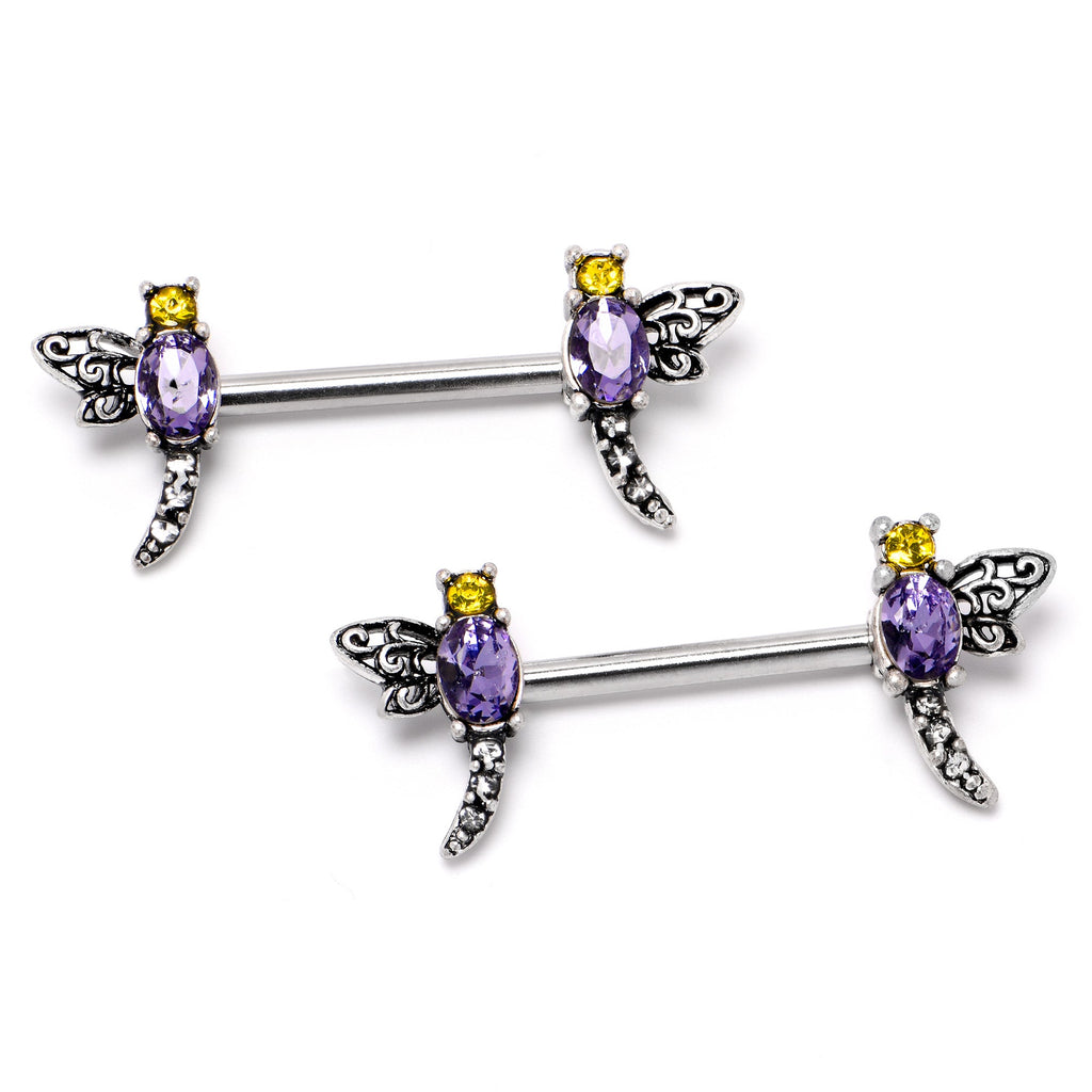 BodyCandy 14G 9/16 Purple Yellow Gem Dragonfly Barbell Nipple Ring Set — lifestyle context