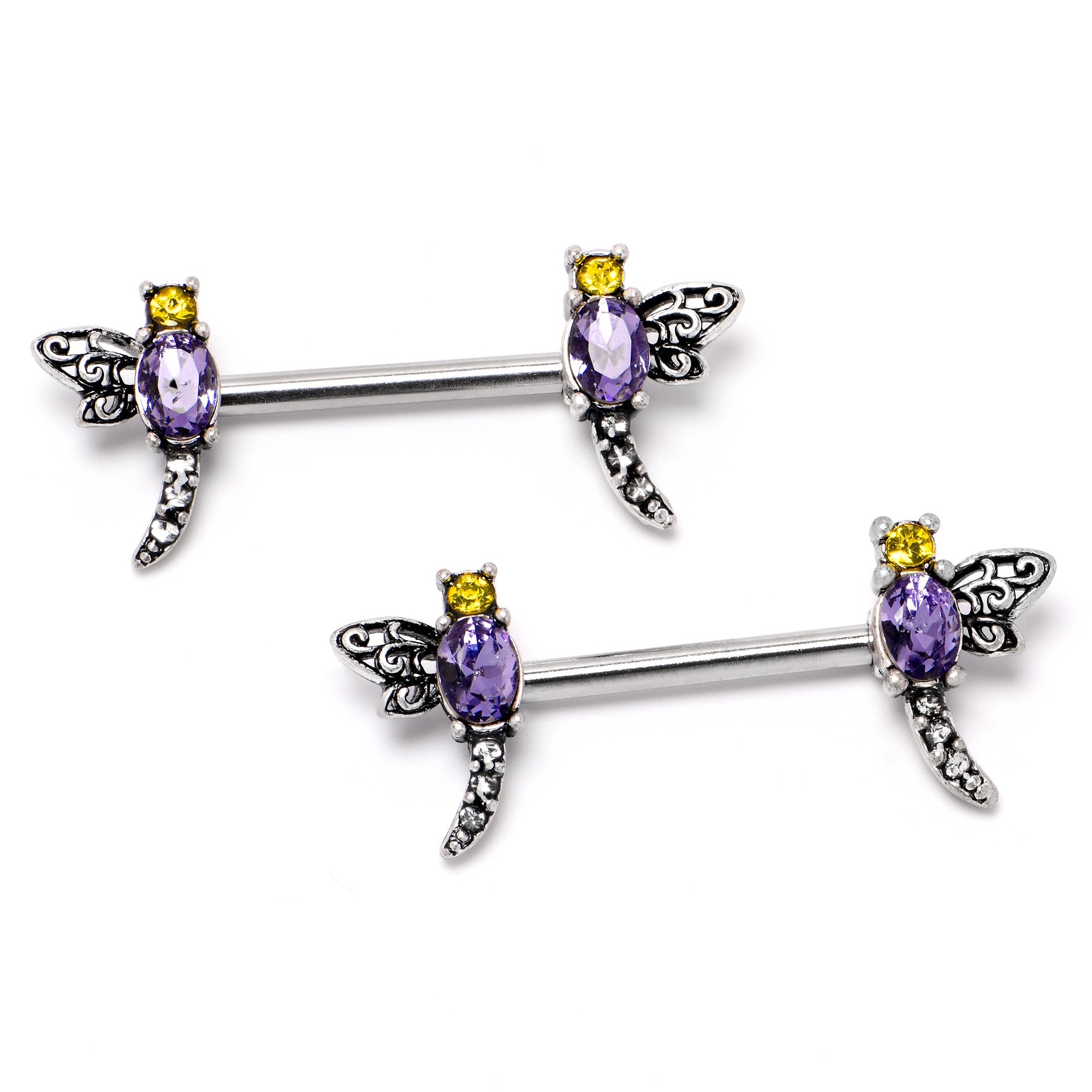 BodyCandy 14G 9/16 Purple Yellow Gem Dragonfly Barbell Nipple Ring Set — lifestyle context
