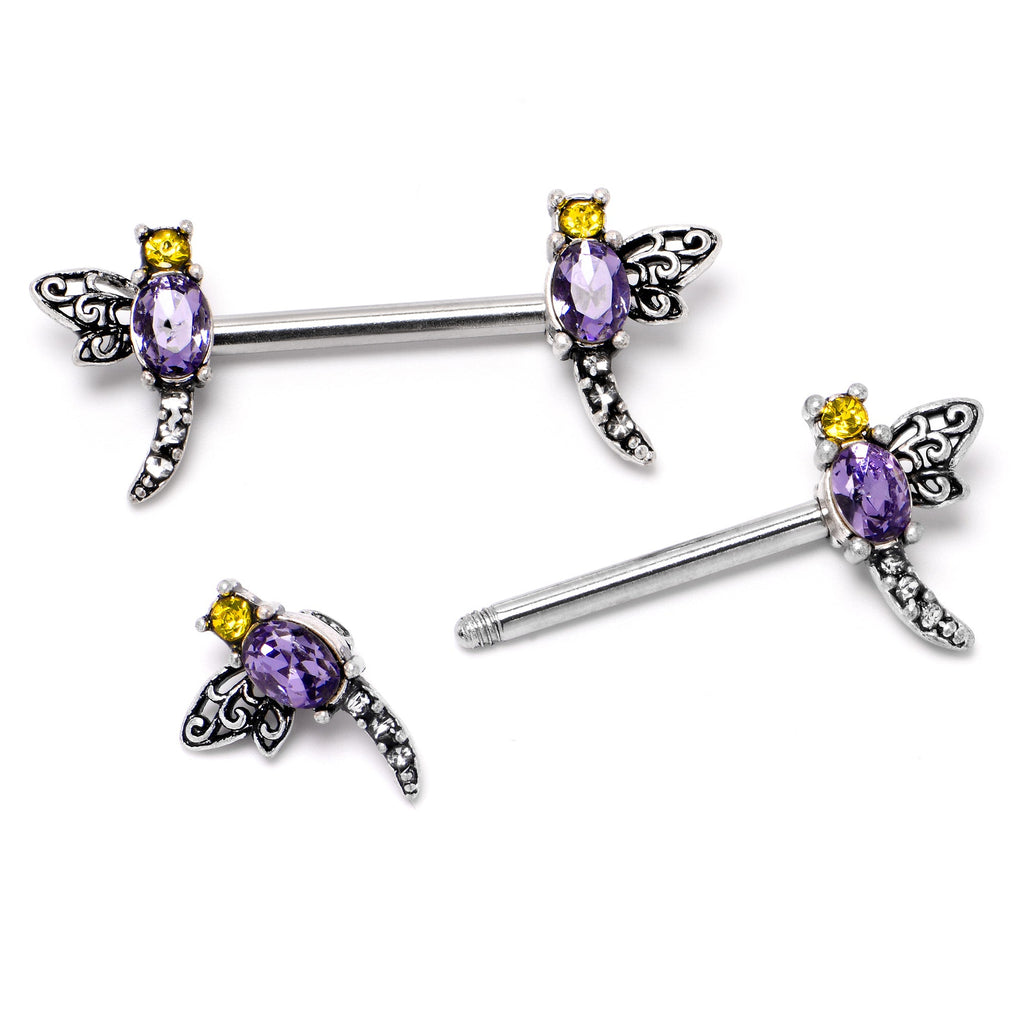 BodyCandy 14G 9/16 Purple Yellow Gem Dragonfly Barbell Nipple Ring Set — side view