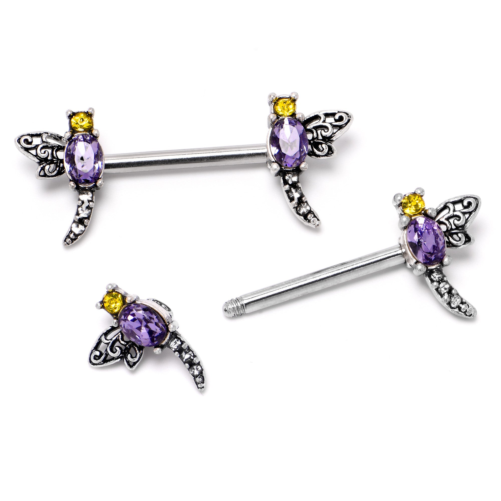 BodyCandy 14G 9/16 Purple Yellow Gem Dragonfly Barbell Nipple Ring Set — side view