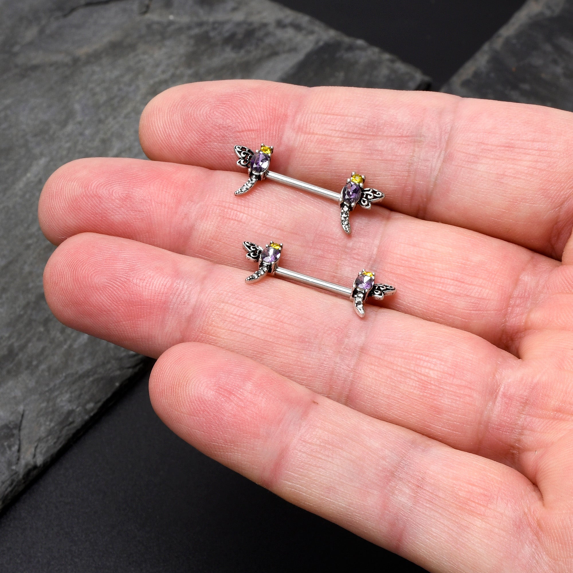 BodyCandy 14G 9/16 Purple Yellow Gem Dragonfly Barbell Nipple Ring Set — back view