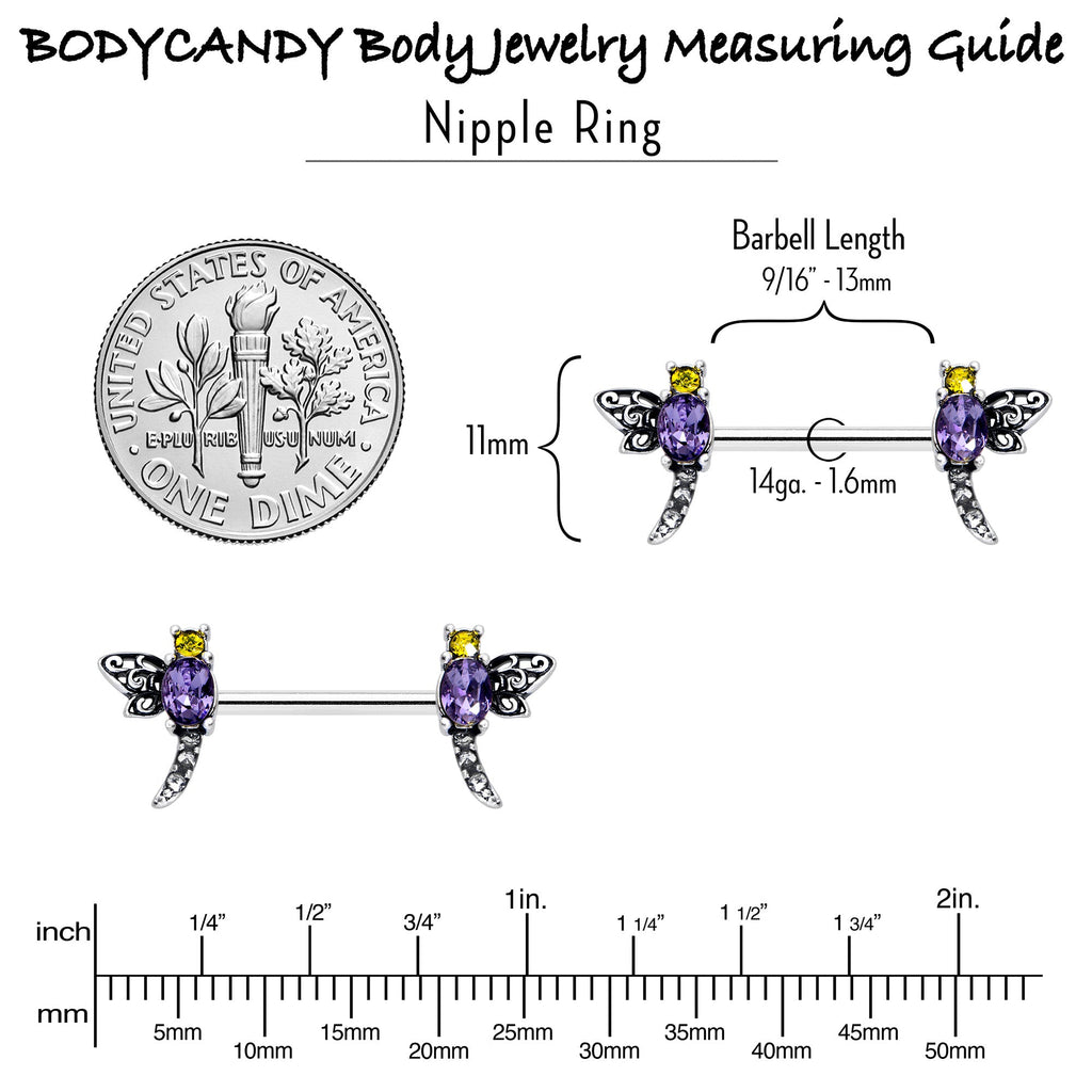 BodyCandy 14G 9/16 Purple Yellow Gem Dragonfly Barbell Nipple Ring Set — alternative angle
