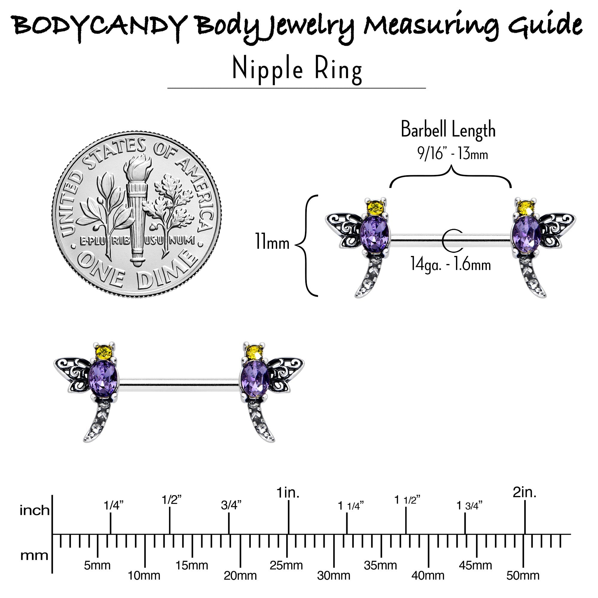 BodyCandy 14G 9/16 Purple Yellow Gem Dragonfly Barbell Nipple Ring Set — alternative angle