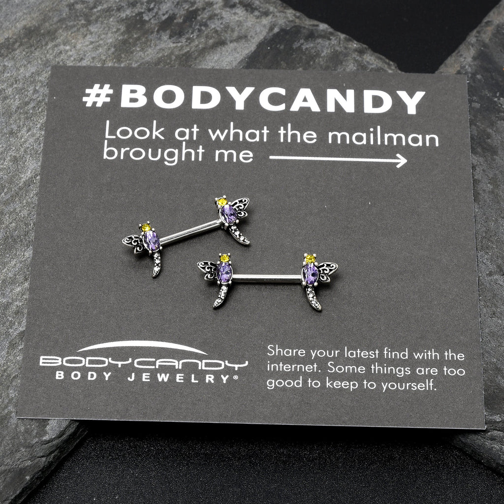 BodyCandy 14G 9/16 Purple Yellow Gem Dragonfly Barbell Nipple Ring Set — in-use photo