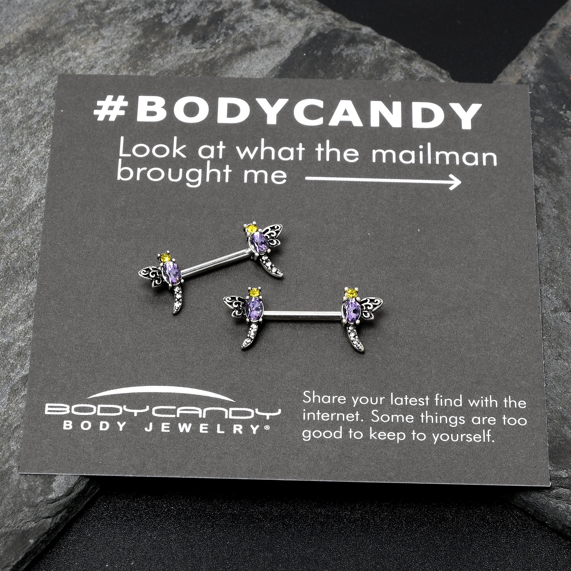 BodyCandy 14G 9/16 Purple Yellow Gem Dragonfly Barbell Nipple Ring Set — in-use photo