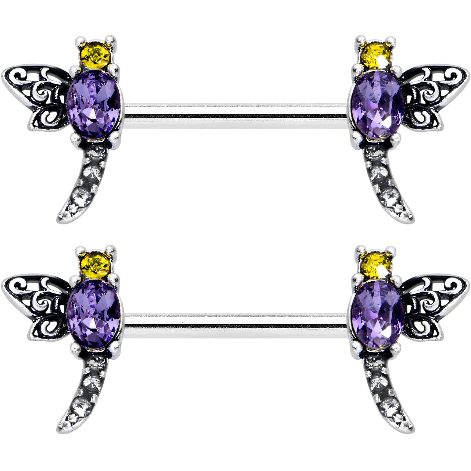 BodyCandy 14G 9/16 Purple Yellow Gem Dragonfly Barbell Nipple Ring Set — size reference