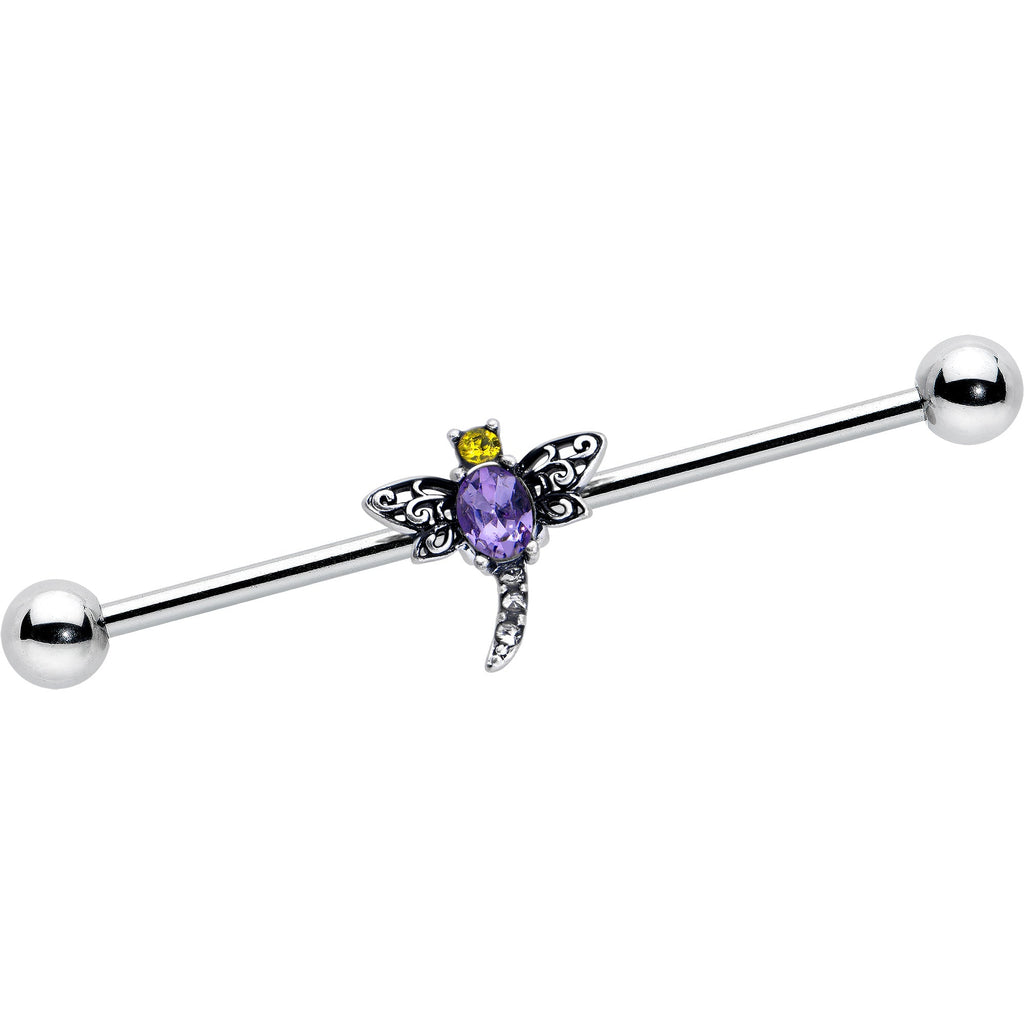 BodyCandy 14G Purple Yellow Gem Dragonfly Industrial Barbell 38mm — main product shot